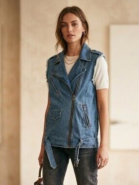 REHAB Denim Distressed Motorcycle Jean Vest Sleeveless Jacket S